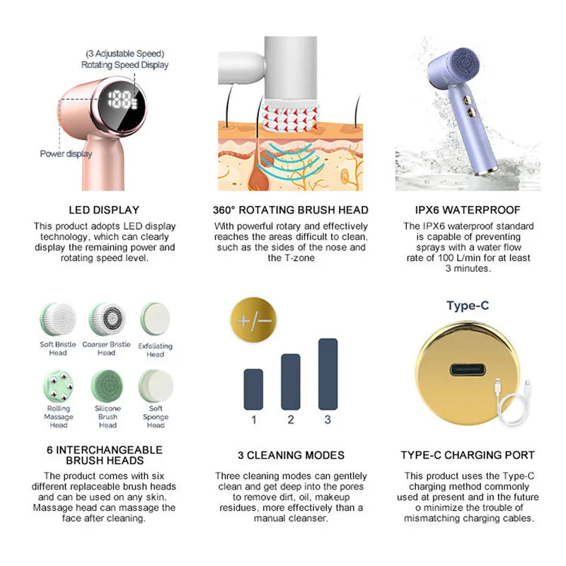 6 In 1 Ultrasonic Facial Cleansing Brush